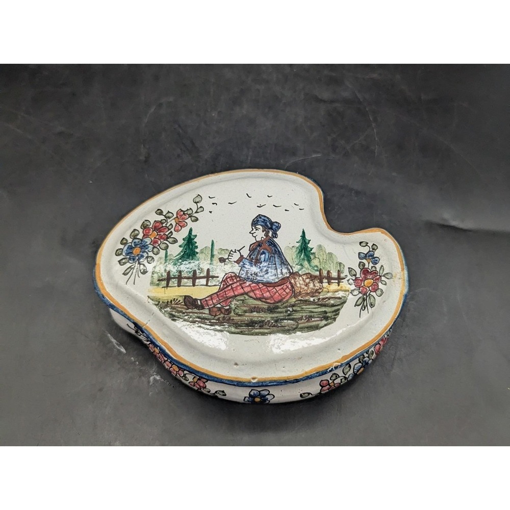 Vintage Henriot Quimper Earthenware Faience Dresser Trinket Box 6" France Signed